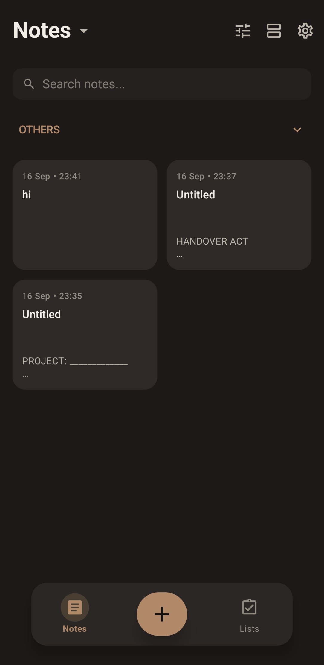 List of notes and a bottom navigation bar
