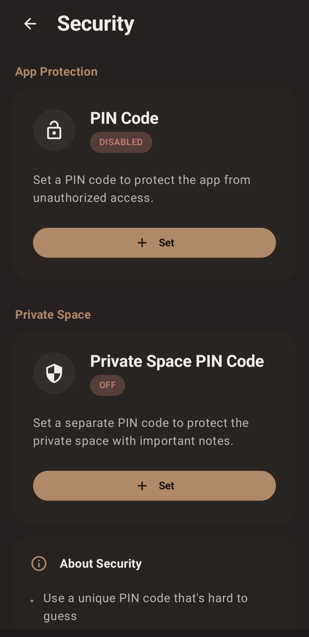 Security screen with PIN and private space