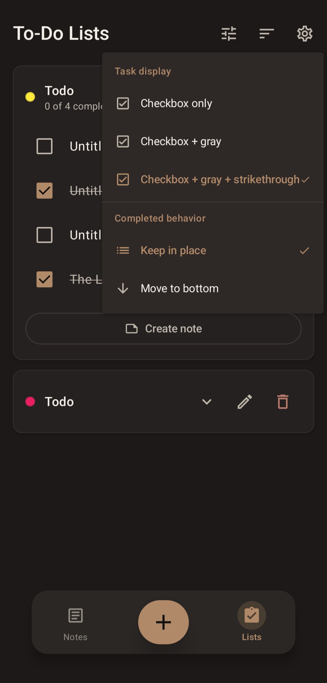 To-do lists with display options and completed task behavior