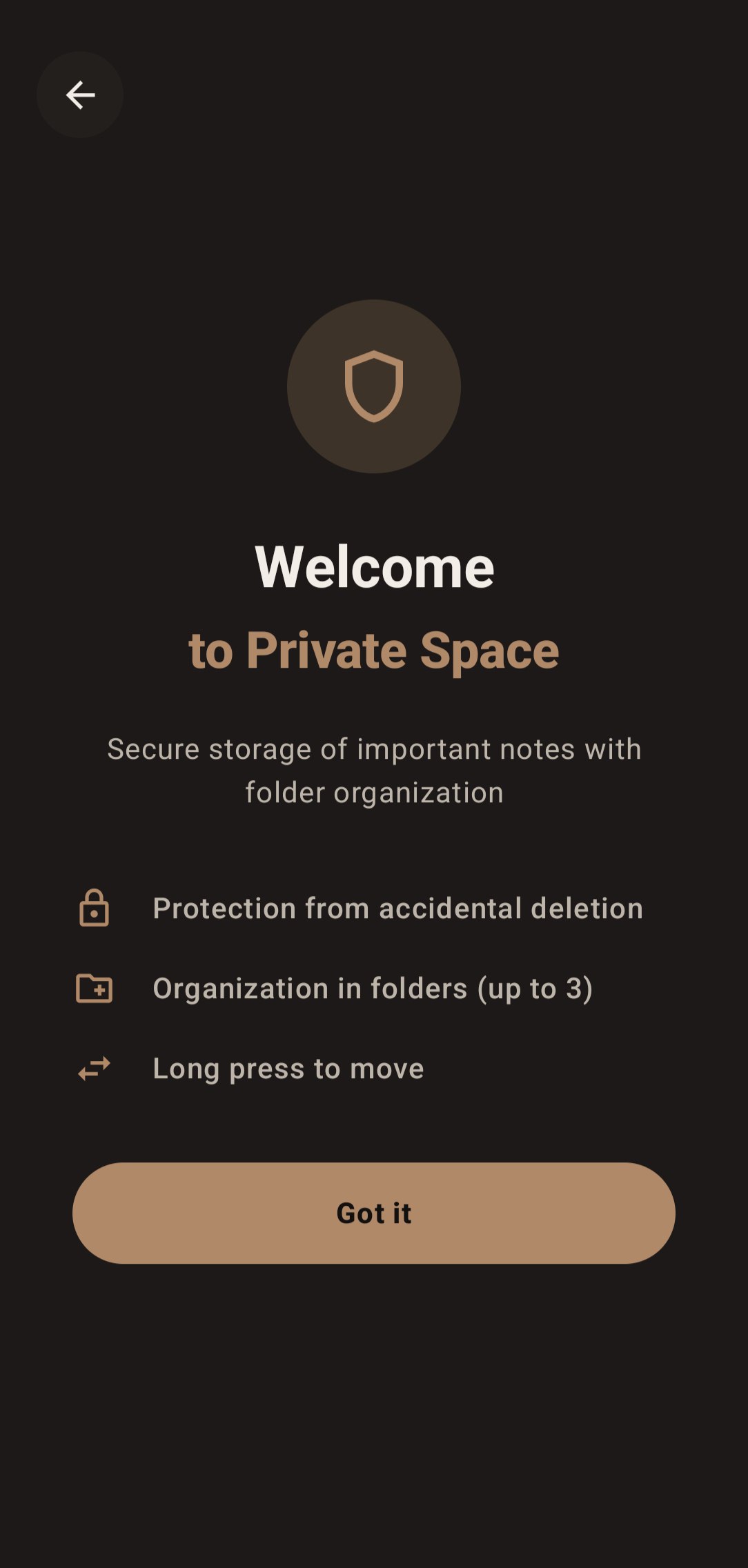 Private Space welcome screen with feature highlights