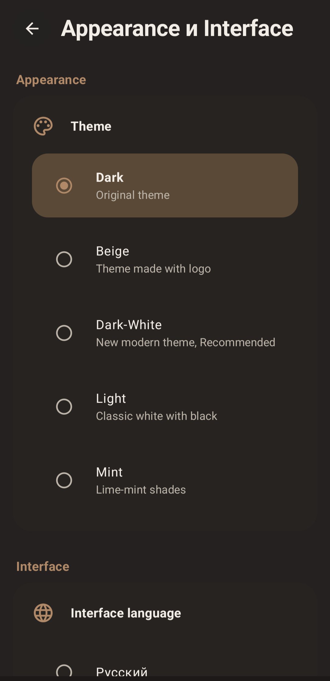 Settings screen with themes and interface language